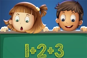 To børn kigger spændt over en tavle med en matematisk ligning, 1+2+3, skrevet på den