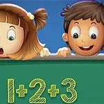 To børn kigger spændt over en tavle med en matematisk ligning, 1+2+3, skrevet på den