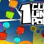 Farverige tegneseriefigurer og tekst med tallet 1 og ordene Click Line Pop i et dynamisk layout på en blå baggrund