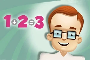 En tegneseriefigur med briller og brunt hår smiler ved siden af en simpel matematiske ligning 1 + 2 = 3 på en grøn baggrund