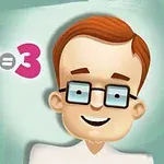 En tegneseriefigur med briller og brunt hår smiler ved siden af en simpel matematiske ligning 1 + 2 = 3 på en grøn baggrund