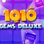 Farverige glitrende blokke og teksten 1010 Gems Deluxe på en lilla baggrund