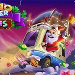 Julemanden kører i en farverig lastbil gennem en sky af juveler og slik på en lilla baggrund