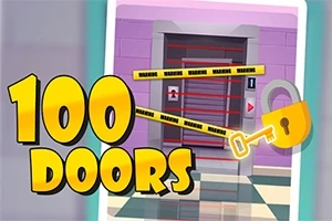 Et billede af en lukket dør afspærret med advarselsbånd, med teksten 100 Doors og en gul nøgle på forsiden