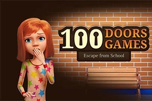 Tegneseriepige med rødt hår og farverigt mønsteret tøj står foran en murstensvæg ved siden af en bænk, med tekst der siger 100 Doors Games