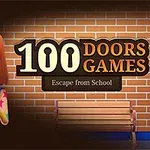 Tegneseriepige med rødt hår og farverigt mønsteret tøj står foran en murstensvæg ved siden af en bænk, med tekst der siger 100 Doors Games