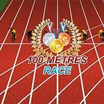 Atleter i startposition på løbebane med teksten 100 Metres Race og medaljer i midten