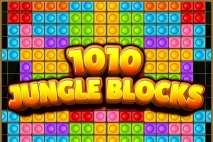 Farverige blokke i et mønster med teksten 1010 Jungle Blocks centralt placeret