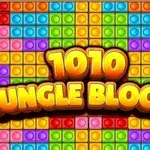 Farverige blokke i et mønster med teksten 1010 Jungle Blocks centralt placeret