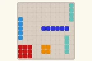 Et gitter med flerfarvede blokke arrangeret i forskellige former på en beige baggrund