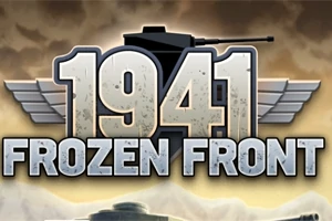 Stor tekst med 1941 Frozen Front foran en silhuet af en tank og vinger med en dramatisk baggrund