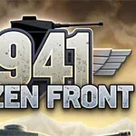 Stor tekst med 1941 Frozen Front foran en silhuet af en tank og vinger med en dramatisk baggrund