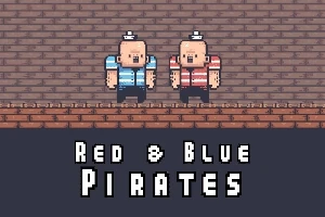 To pixelerede figurer klædt som pirater, den ene i blå og den anden i rød, står foran en murstensbaggrund med teksten Red & Blue Pirates nedenfor