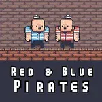 To pixelerede figurer klædt som pirater, den ene i blå og den anden i rød, står foran en murstensbaggrund med teksten Red & Blue Pirates nedenfor