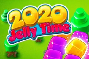 Farverige blokke med teksten 2020 Jelly Time på en grøn baggrund med træer