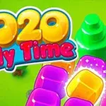 Farverige blokke med teksten 2020 Jelly Time på en grøn baggrund med træer