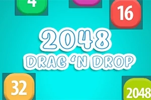 Farverigt layout med talblokke, herunder 4, 16, 32, 2048 og teksten 2048 Drag n Drop i centrum på en turkis baggrund