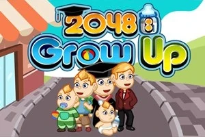 Fem animerede figurer i forskellige aldre står på en vej foran en bygning med teksten 2048 Grow Up øverst