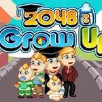 Fem animerede figurer i forskellige aldre står på en vej foran en bygning med teksten 2048 Grow Up øverst