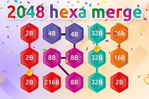 Farverige sekskantede brikker med tal og teksten 2048 hexa merge øverst, omgivet af konfetti