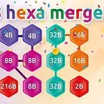 Farverige sekskantede brikker med tal og teksten 2048 hexa merge øverst, omgivet af konfetti