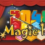 Et farverigt bagtæppe med tal i lysende nuancer og ordet Magic hex med stjerner og en tryllestav, indrammet af rødt scenetæppe