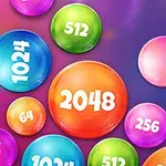 Farverige bobler med forskellige tal som 2048, 1024, og 512 på en lilla baggrund