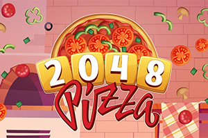 Farverig pizzagrafik med tallet 2048 foran en pizza med tomater, ost og grøntsager