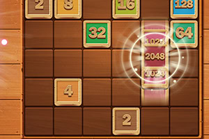 Et brætspil med farvede nummererede firkanter, hvor nogle er stablet, og tallet 2048 er centreret med en glødende effekt