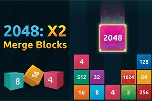 Farvede blokke med tal, der fusionerer, med teksten 2048: X2 Merge Blocks