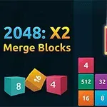 Farvede blokke med tal, der fusionerer, med teksten 2048: X2 Merge Blocks