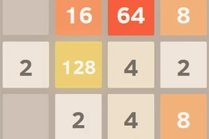 Fliser med tal i forskellige farver, herunder 16, 64, 8, 2, 128, og 4 arrangeret i et gitter