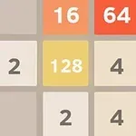Fliser med tal i forskellige farver, herunder 16, 64, 8, 2, 128, og 4 arrangeret i et gitter