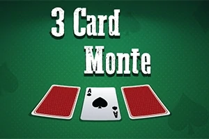 Tre spillekort med bagsiderne opad, undtagen et hjerter es, på en grøn overflade med teksten 3 Card Monte øverst
