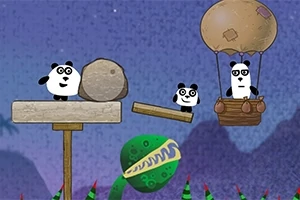 To pandaer på platforme og i en luftballon med en stor plante i baggrunden mod en nattehimmel