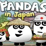 Tre pandabjørne i japanske udklædninger med sushi og landskab i baggrunden