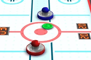To håndtag i blå og rød farve samt en grøn puck på en airhockeybane med digitale scoretavler