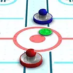 To håndtag i blå og rød farve samt en grøn puck på en airhockeybane med digitale scoretavler