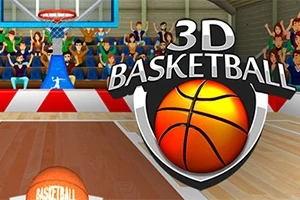 Et digitalt basketballspil med en bold i forgrunden, en basketballkurv i baggrunden og et publikum, samt teksten 3D Basketball