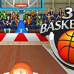 Et digitalt basketballspil med en bold i forgrunden, en basketballkurv i baggrunden og et publikum, samt teksten 3D Basketball
