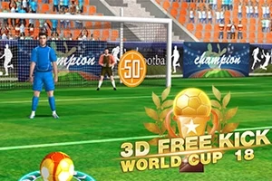 En fodboldspiller i blåt står klar til at tage et frispark på en grøn fodboldbane med et mål i baggrunden, omgivet af tribunefans og bannere, med teksten 3D Free Kick World Cup 18 og en gylden pokal på skærmen