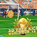 En fodboldspiller i blåt står klar til at tage et frispark på en grøn fodboldbane med et mål i baggrunden, omgivet af tribunefans og bannere, med teksten 3D Free Kick World Cup 18 og en gylden pokal på skærmen