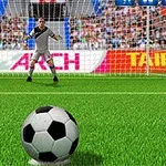 En fodbold på en græsplæne foran en målmand i et overfyldt stadion