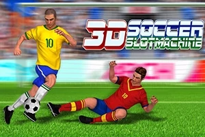En fodboldspiller i gul trøje dribler bolden forbi en spiller i rød trøje på en græsbelagt fodboldbane med teksten 3D Soccer Slot Machine i baggrunden