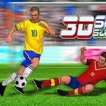 En fodboldspiller i gul trøje dribler bolden forbi en spiller i rød trøje på en græsbelagt fodboldbane med teksten 3D Soccer Slot Machine i baggrunden
