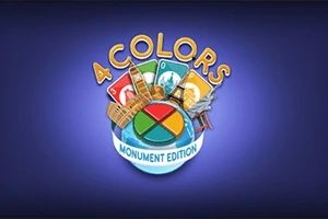Logoen for 4 Colors Monument Edition med farverige spillekort og monumenter i baggrunden på en blå baggrund