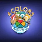 Logoen for 4 Colors Monument Edition med farverige spillekort og monumenter i baggrunden på en blå baggrund