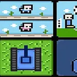 Pixelkunstbillede med fire scener: figurer på platforme, to figurer med en fodbold, en blå tank på græs, og en blå hammer