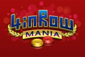 Blå og gule bogstaver med teksten 4 in Row Mania på en rød baggrund med røde og gule brikker nedenunder