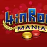 Blå og gule bogstaver med teksten 4 in Row Mania på en rød baggrund med røde og gule brikker nedenunder